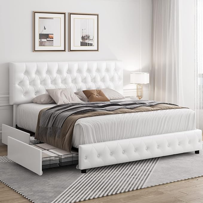 Keyluv Full Size Upholstered Platform Bed Frame with 4 Storage Drawers, Modern White Faux Leather Bed with Adjustable Button Tufted Headboard, Solid Wooden Slat Support, Easy Assembly