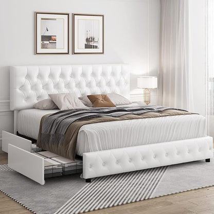 Keyluv Full Size Upholstered Platform Bed Frame with 4 Storage Drawers, Modern White Faux Leather Bed with Adjustable Button Tufted Headboard, Solid Wooden Slat Support, Easy Assembly