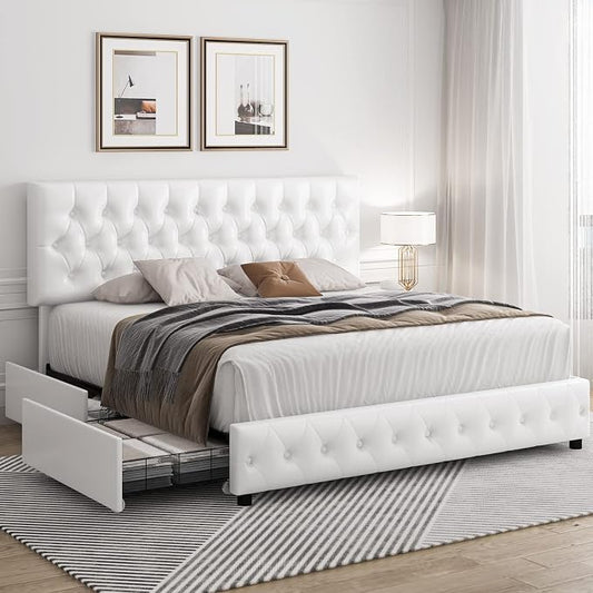 Keyluv Full Size Upholstered Platform Bed Frame with 4 Storage Drawers, Modern White Faux Leather Bed with Adjustable Button Tufted Headboard, Solid Wooden Slat Support, Easy Assembly