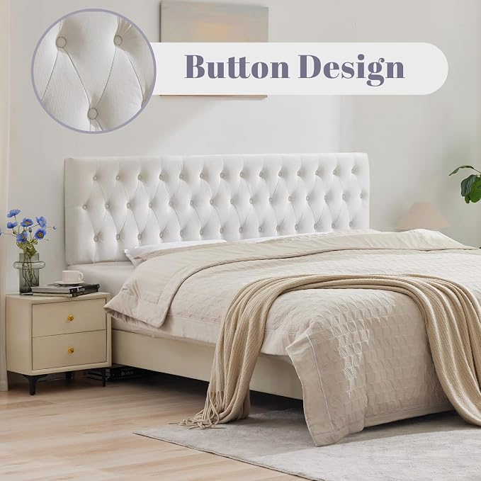 Tufted Upholstered King Size Bed Headboard in Modern Button Design, Adjustable Solid Wood Head Board, Premium Velvet Fabric Padded Headboards in Bedroom (White)
