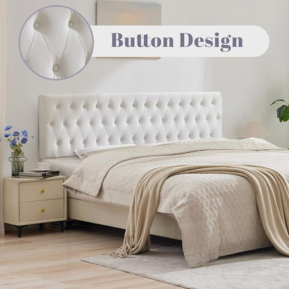 Tufted Upholstered King Size Bed Headboard in Modern Button Design, Adjustable Solid Wood Head Board, Premium Velvet Fabric Padded Headboards in Bedroom (White)