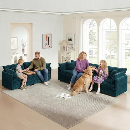 GNIXUU 111.5“ Chenille Modular Sectional Sofa with Movable Ottoman, Comfy Cloud Couch, Deep Seat, 3 Seater Sectional Couches for Living Room, Apartment, Office(Blue)