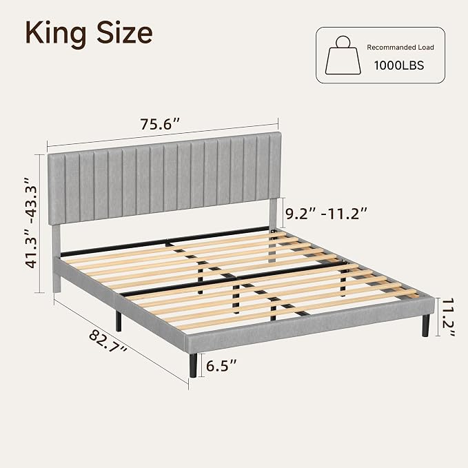 King Size Platform Bed Frame with Vertical Channel Tufted Headboard, No Box Spring Needed, Noise-Free, Easy Assembly, Light Grey Linen