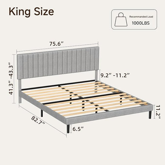 King Size Platform Bed Frame with Vertical Channel Tufted Headboard, No Box Spring Needed, Noise-Free, Easy Assembly, Light Grey Linen