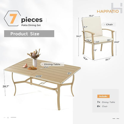 HAPPATIO 7 Piece Patio Dining Set, Aluminum Outdoor Dining Set for 6, Aluminum Dining Table and Chairs Set, Patio Furniture with Table, Chairs and Washable Cushions (Beige)
