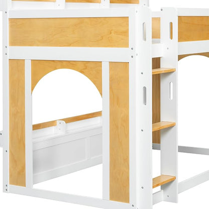 Twin Over Twin Bunk Bed with Storage Shelves,Window and Two Doors,for Kids Teens Adults Use (White+Natural-Window, Twin Over Twin)