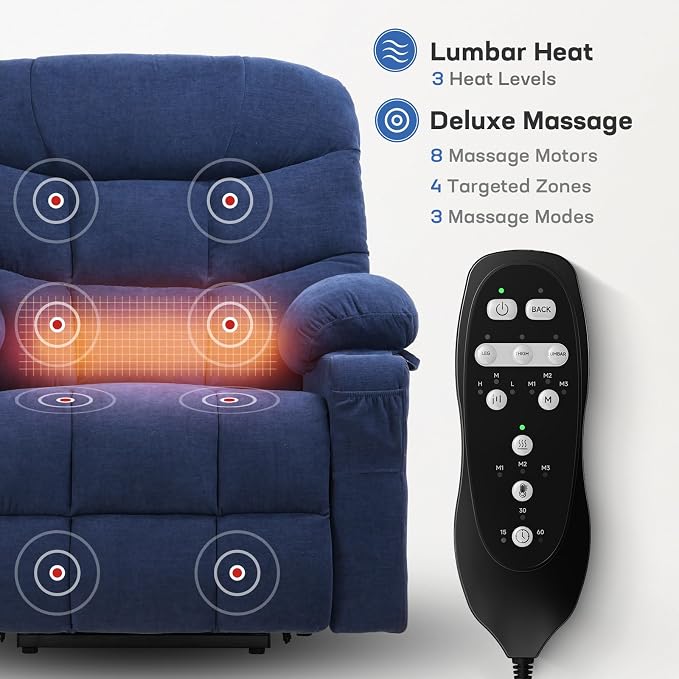 Tami Tami Dual Motor Power Lift Chair Recliner for Elderly with Massage and Heat, Infinite Position Electric Lift Recliner with USB A&C, Cup Holders (T6012 - Chenille Fabric, Blue, Oversized)