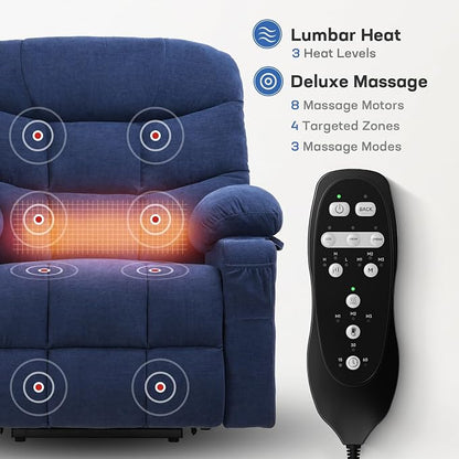 Tami Tami Dual Motor Power Lift Chair Recliner for Elderly with Massage and Heat, Infinite Position Electric Lift Recliner with USB A&C, Cup Holders (T6012 - Chenille Fabric, Blue, Oversized)