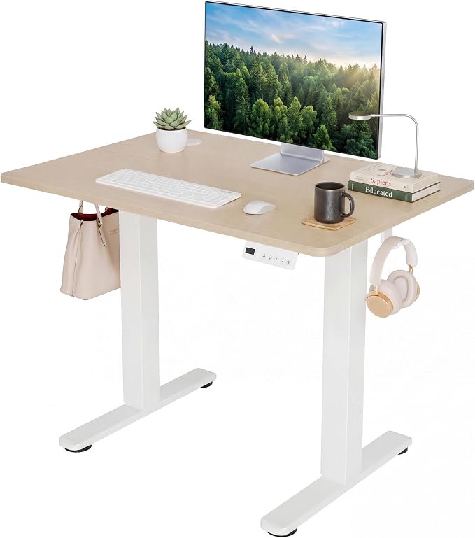 Claiks Electric Standing Desk, 32 x 19 Inch Small Height Adjustable Sit Stand Desk for Home Office, Computer Desk with Memory Presets, Cable Management & Headphone Hooks, 156 lbs Capacity, Nature