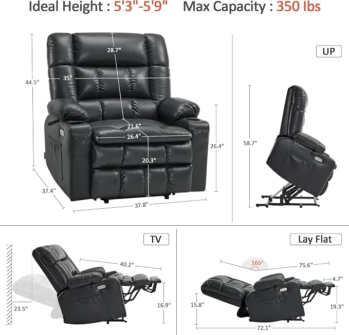MCombo Extra Wide Dual Motor Power Lift Recliner Chair for Elderly, Zero Gravity Lift Chair with Heat and Massage, Infinite Position Recliners, USB Ports, Faux Leather R7897 (Black, Medium-Wide)
