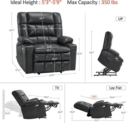 MCombo Extra Wide Dual Motor Power Lift Recliner Chair for Elderly, Zero Gravity Lift Chair with Heat and Massage, Infinite Position Recliners, USB Ports, Faux Leather R7897 (Black, Medium-Wide)