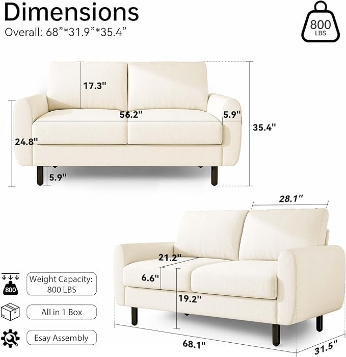 Ihanherry 68" Loveseat Sofa, Modern 2-Seat Couch, Mid Century Sofa, Comfy Chenille Deep Seat Couch for Living Room, Bedroom, Office, Apartment, Beige
