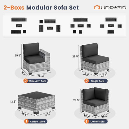 UDPATIO Patio Furniture Set, 8 Inch Armrest Patio Sectional Furniture, 6 Piece Wicker Outdoor Sectional Conversation Sets with Waterproof Cover and Coffee Table for Backyard Deck(Grey/Black)