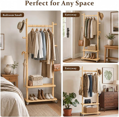 Taitiy Coat Rack Freestanding Clothing Rack with Wheels & 2 Shelves Storage & 5 Hooks Heavy Duty Clothes Rack Wood Coat Tree Stand Hat Hanger Rack for Corner Bedroom Entryway Living Room Hotel Size L