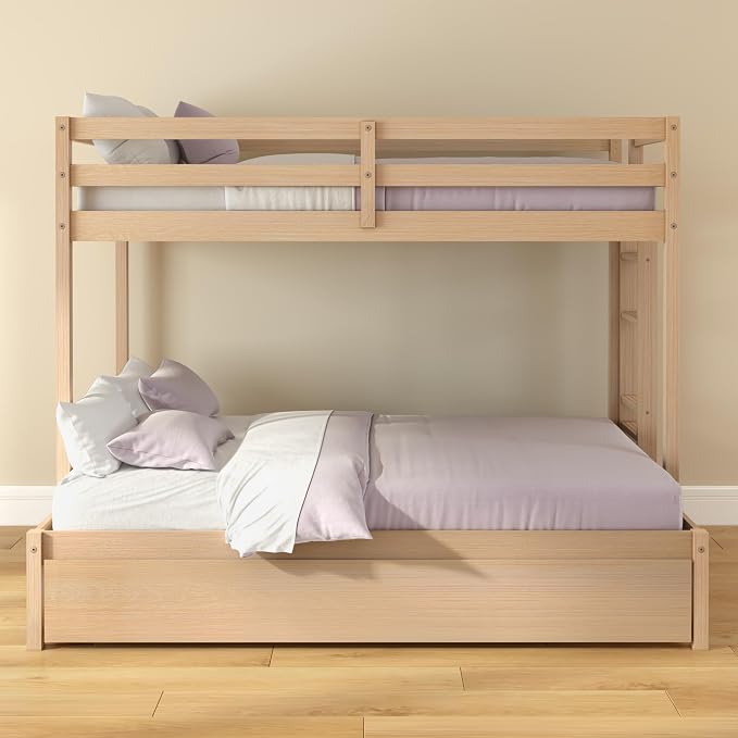 Grain & Grove Bear Twin Over Full Bunk Bed with Trundle Bed, Sturdy Bunk Bed Frame for Kids, Plywood Bunk with Ladder, Guardrail, and Slats, No Box Spring Required, Oak Embossed Natural