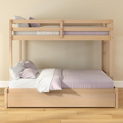Grain & Grove Bear Twin Over Full Bunk Bed with Trundle Bed, Sturdy Bunk Bed Frame for Kids, Plywood Bunk with Ladder, Guardrail, and Slats, No Box Spring Required, Oak Embossed Natural