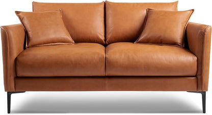 Valencia Jasper Cognac Tan Brown 60" Loveseat Full Leather Couch | Mid Century Leather Sofa with 2 Pillows for Living Room Furniture | Plush Cushions, Nappa Leather Lounge Couch