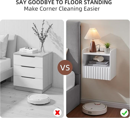 BuildHom Modern Fluted Floating Nightstand Wall Mounted Set of 2- Bedside Table with Storage Drawer & Display Shelf, Minimalist Bedroom Furniture for Studio Apartments (Matte White)