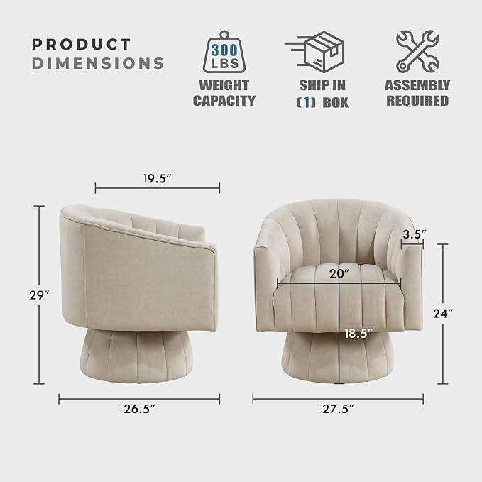 Lexicon Modern Swivel Accent Chair, Velvet Fabric Upholstered Swivel Lounge Chair with Rounded Base and Channel Stitching for Living Room/Bedroom/Office, Easy Assembly, Taupe