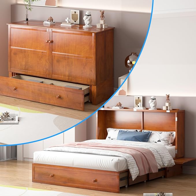PUREMIND Queen Murphy Bed with Mattress Included, Murphy Cabinet Bed with Storage Drawer, Built-in Charging Station, Solid Wood Frame, Space-Saving Cabinet Beds for Small Spaces/Guest Room (Cherry)