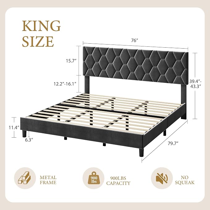 GarveeHome King Size Platform Bed Frame with Upholstered Headboard and Wooden Slats Support, Upholstered Mattress Foundation/No Box Spring Needed/Easy Assembly, Grey