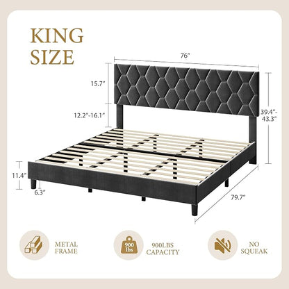GarveeHome King Size Platform Bed Frame with Upholstered Headboard and Wooden Slats Support, Upholstered Mattress Foundation/No Box Spring Needed/Easy Assembly, Grey