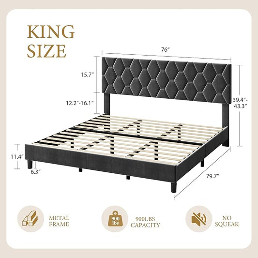 GarveeHome King Size Platform Bed Frame with Upholstered Headboard and Wooden Slats Support, Upholstered Mattress Foundation/No Box Spring Needed/Easy Assembly, Grey