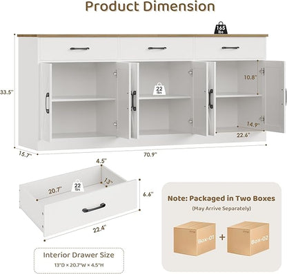 HOSTACK 71" Large Sideboard Buffet Cabinet with Storage, Farmhouse Coffee Bar Cabinet with 3 Drawers, Long Kitchen Buffet Table, Kitchen Sideboard Storage Cabinet for Dining Room, Living Room, White