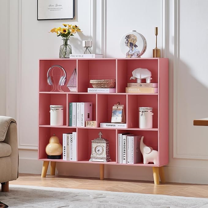 LEYAOYAO 10 Cube Bookshelf,3 Tier Modern Wide Bookcase with Legs,Mid-Century Wood Bookshelves Storage,Light Pink Large Book Case,Freestanding Organizer Display Shelf for Bedroom,Living Room,Office