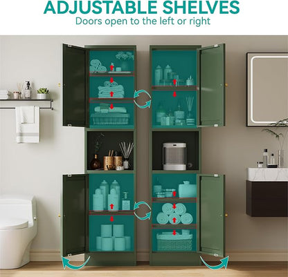 67" Tall Narrow Storage Cabinet with Doors and Open Shelf,Metal Pantry Cabinet,Shaker Style Slim Cabinet with Adjustable Shelves,for Bathroom Kitchen Laundry Small Spaces,Forest Green,1Pc