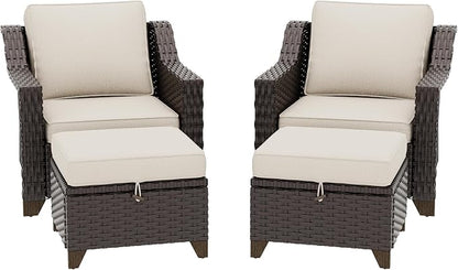 4 Pieces Patio Conversation Furniture Set - 2 Chairs with Ottomans Set of 2, Outdoor Wicker Armchairs with Water-Resistant and Washable Cushions for Porch, Balcony, Sunroom (Beige)