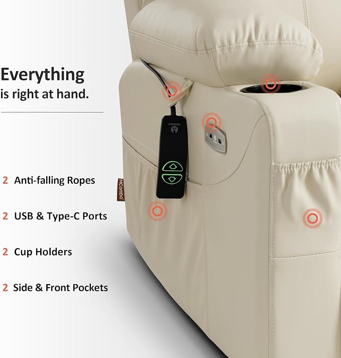 MCombo Power Lift Recliner Chair for Elderly, Lift Chair with Heat and Massage, FSC Certified, USB Ports, Cup Holders, Faux Leather 7040 (Cream White, Medium)