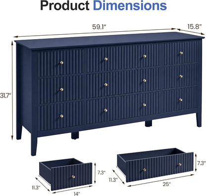 RoyalCraft Fluted Dresser for Bedroom with 9 Drawers, 59" Wide Painted Wooden Chest of Drawers, Modern TV Stand Storage Cabinet for Living Room, Hallway, Blue