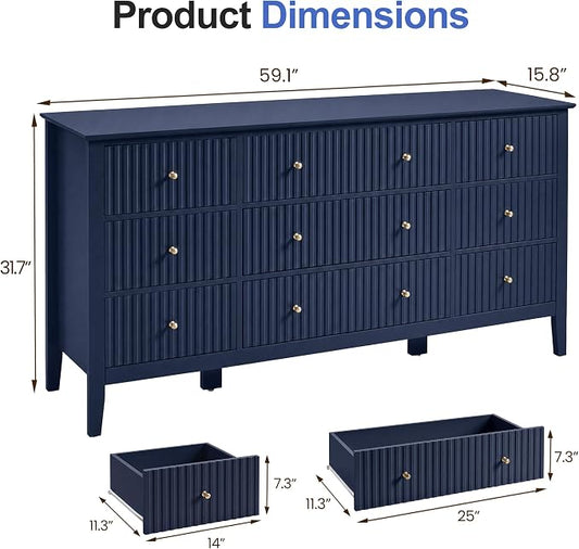 RoyalCraft Fluted Dresser for Bedroom with 9 Drawers, 59" Wide Painted Wooden Chest of Drawers, Modern TV Stand Storage Cabinet for Living Room, Hallway, Blue