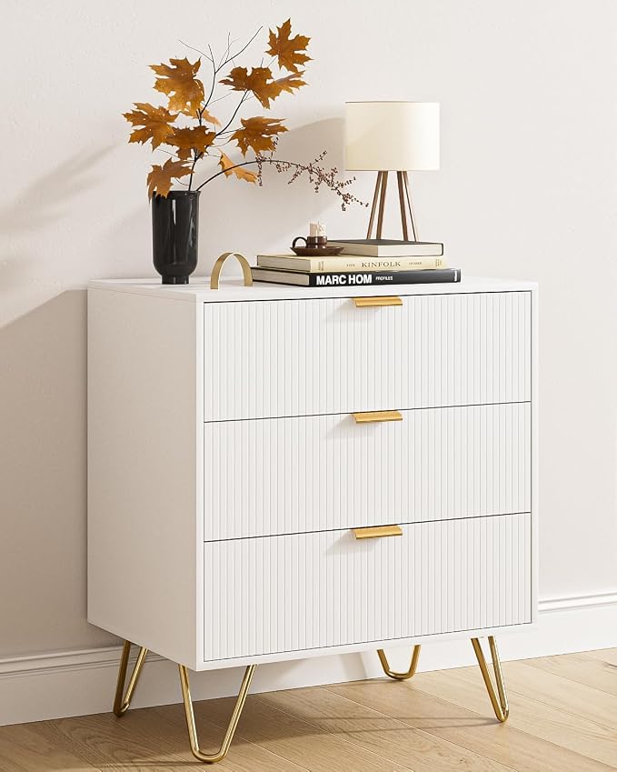 Fluted 3 Drawer Dresser for Bedroom, Modern Storage Bedroom Dresser Chest Cabinet Organizer with Anti-Tip Hardware for Living Room, Dressing Room, Kids Room, Office (White)