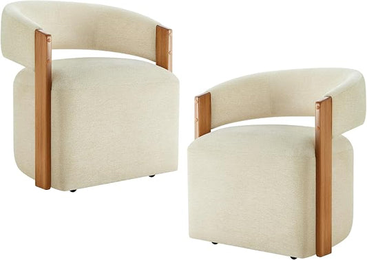 KISLOT Upholstered Dining Chairs Set of 2, Modern Rolling Dining Chairs with Hidden Casters, Wooden Arm Kitchen Chairs with Linen Look Fabric, Padded Barrel Chairs for Dining Room, Kitchen, Sand