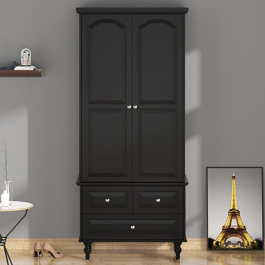 Bedroom Wardrobe Cabinet with 2 Doors, Wood Armoire Closet with Hanging Rod, Wardrobe Closet with 3 Drawers & Multi-Shelves for Clothes Organize, Black (19.7" D x 31.5" W x 70.9" H)