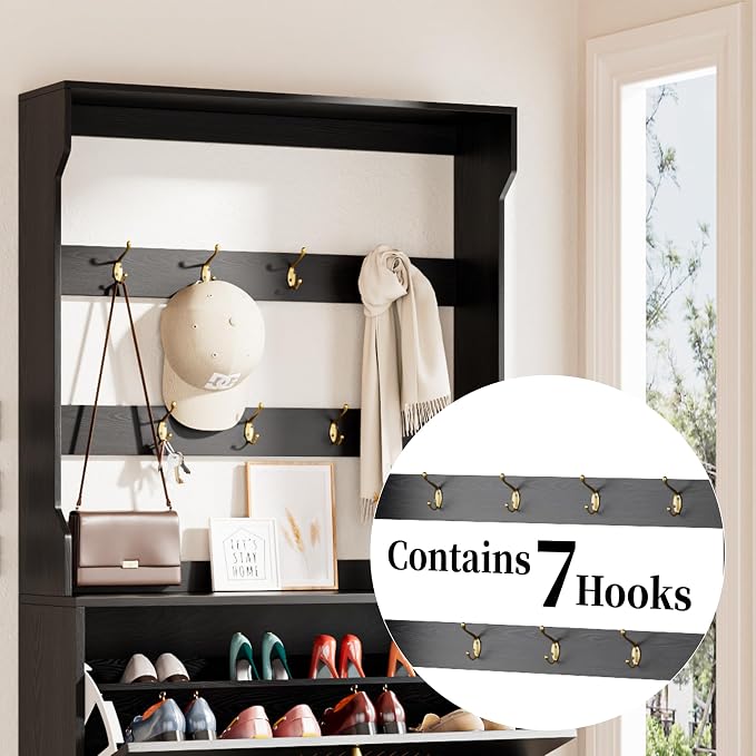 Fsbecl Shoe Cabinet for Entryway with 3 Flip Drawers & Coat Rack, Narrow Hidden Shoe Storage Cabinet with Fluted Panel, 2-in-1 Hall Tree Slim Freestanding Shoe Rack Organizer for Hallway, Black