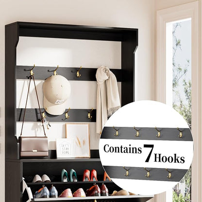 Fsbecl Shoe Cabinet for Entryway with 3 Flip Drawers & Coat Rack, Narrow Hidden Shoe Storage Cabinet with Fluted Panel, 2-in-1 Hall Tree Slim Freestanding Shoe Rack Organizer for Hallway, Black