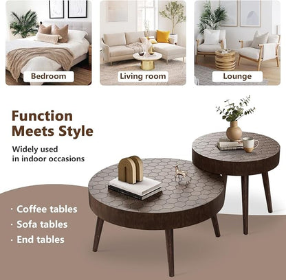 COSIEST Round Coffee Table Set of 2, Nesting Tables with Honeycomb Pattern, Modern End Table for Living Room, Farmhouse, Brown