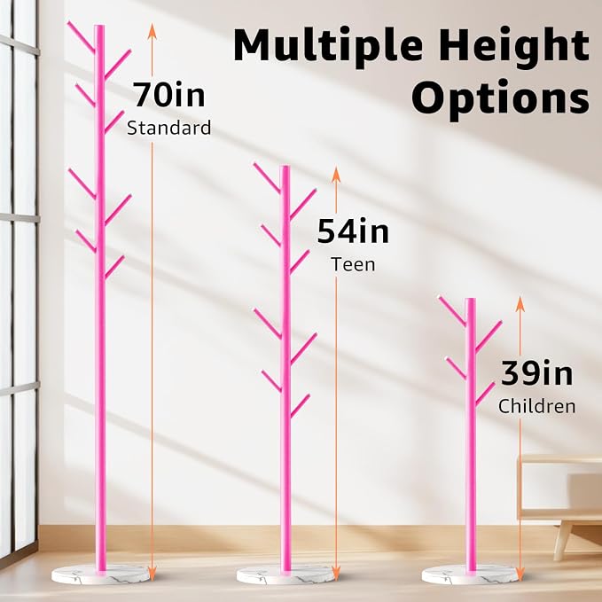 HzTinT Coat Rack with Natural Marble Base, Metal Freestanding Coat Rack with 8 Hooks, 3 Adjustable Size Sturdy Coat Tree for Bags, Coats, and Hats for Entryway, Hallway, Bedroom, Office, Pink