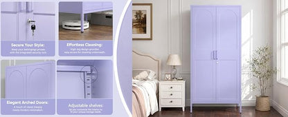 Metal Wardrobe with Lock 67"Clothing Steel Storage Cabinet Locker Hanging Rod And Adjustable Shelves 2 Doors Household kids wardrobe closet Lockers For Bedroom Home Purple Size:67"H X 31.5"W X 18.1"D