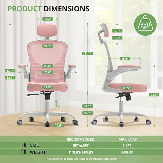 Office Chair Ergonomic Desk Chair, 330LBS Capacity, High Back Computer Design for Long Hours Comfort, Rolling Swivel Executive Task for Home Office with Flip-up Armrests, Grey Pink