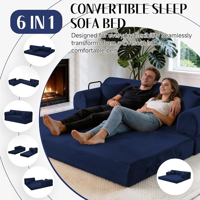 79'' Convertible Sofa Bed, 6 in 1 Folding Floor Futon Couch Sleeper with Fixed Frame, Corduroy Modular Sofa Bed with Removable Armrests & Pillows, No Assembly for Living Room Bedroom (Navy Blue)