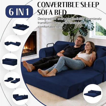 79'' Convertible Sofa Bed, 6 in 1 Folding Floor Futon Couch Sleeper with Fixed Frame, Corduroy Modular Sofa Bed with Removable Armrests & Pillows, No Assembly for Living Room Bedroom (Navy Blue)
