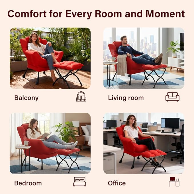 Lazy Chair with Ottoman, Modern Accent Chair Contemporary Sofa Chair with Armrests, Reading Chair and Folding Footstool Set for Living Room, Bedroom, Office, Red