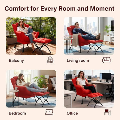 Lazy Chair with Ottoman, Modern Accent Chair Contemporary Sofa Chair with Armrests, Reading Chair and Folding Footstool Set for Living Room, Bedroom, Office, Red