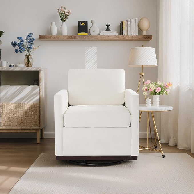 360° Swivel Accent Chair, 31" Wide Upholstered Club Armchairs for Living Room, Comfy Square Swivel Barrel Chair with Metal Base, Chenille Fabric, Beige