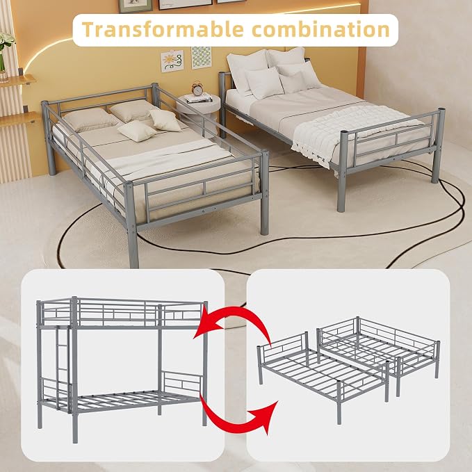 HRVEOCEI 2-Way Convertible Twin Over Twin Bunk Bed with Guardrail & Ladders, Metal Low Bunkbed for Kids Boys Girls, Heavy Duty, No Box Spring Needed, Space-Saving (Silver, No Trundle)