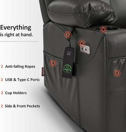 MCombo Power Lift Recliner Chair for Elderly R7042(Grey, Small-Wide) | Heat and Massage, Breathable Faux Leather, USB& Type C Charging Port, FSC Certified